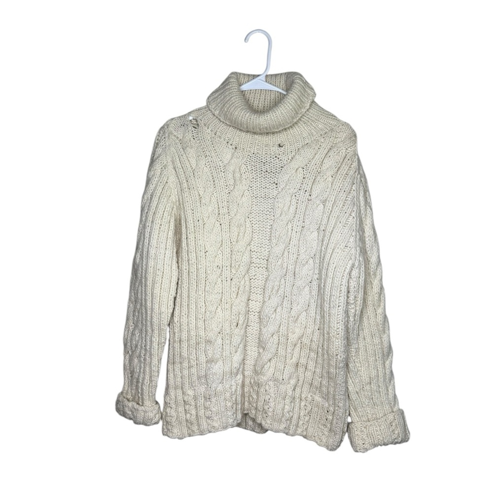 Vintage Amano Artesanias 100% Wool Cream Chunky Knit Turtle Neck Sweater Fall